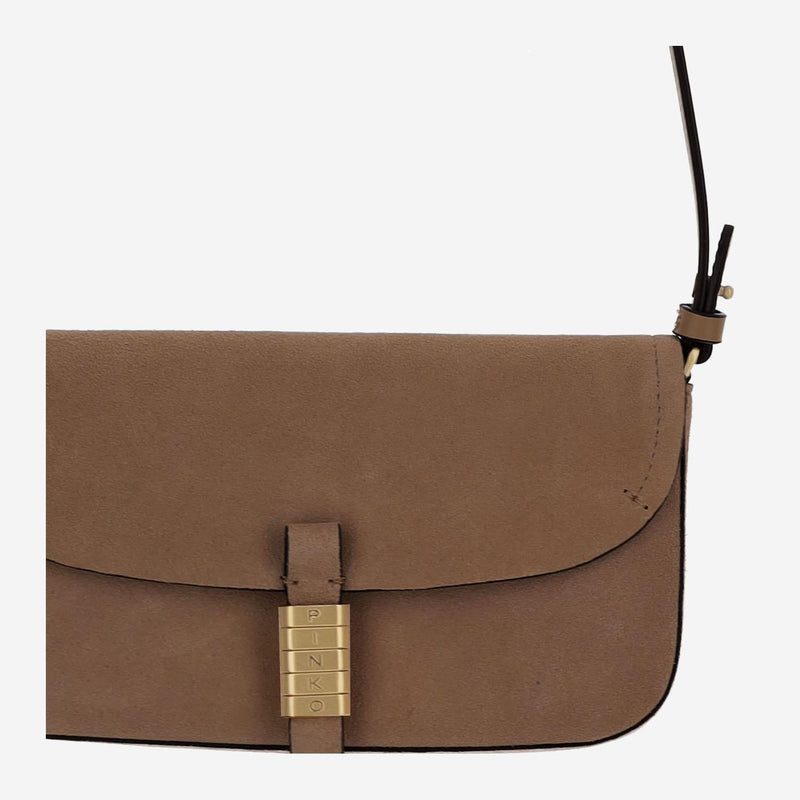Pinko Suede Leather Saddle Shoulder Bag — Brown