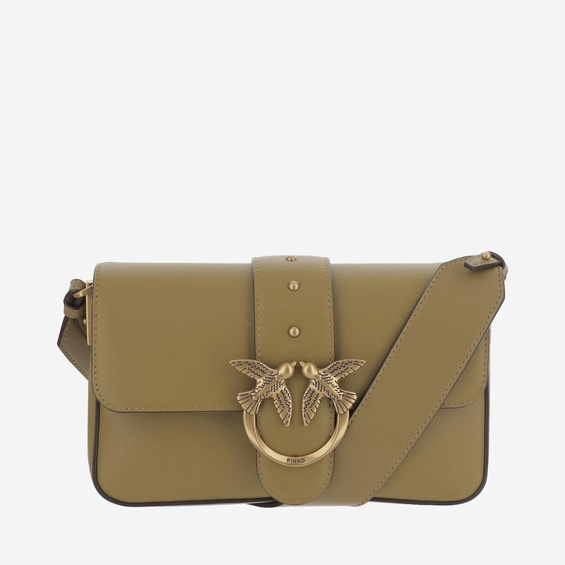 Pinko Sculptural Love Birds Buckle Shoulder Bag — Beige Leather