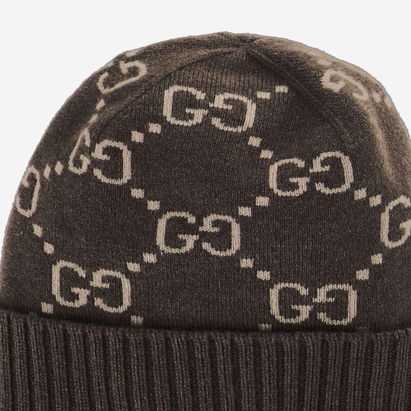 Gucci 811392 Gg Cashmere Beanie — Brown Beanies