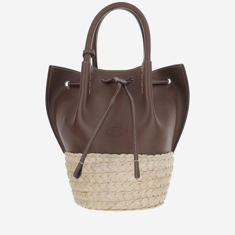 Tods Straw And Leather Colorblock Bucket Bag — Brown Calfskin