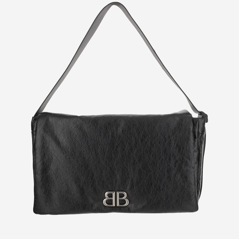 Balenciaga Logo Leather Shoulder Bag — Black
