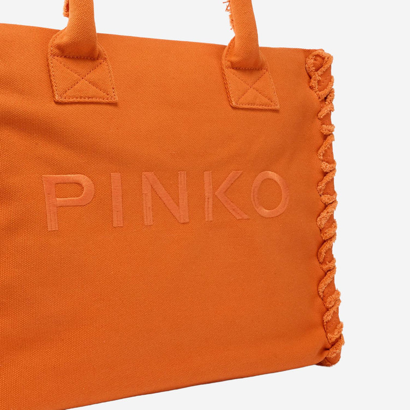 Pinko Cotton Shopper With Fringed Trim Tote Bag — Orange