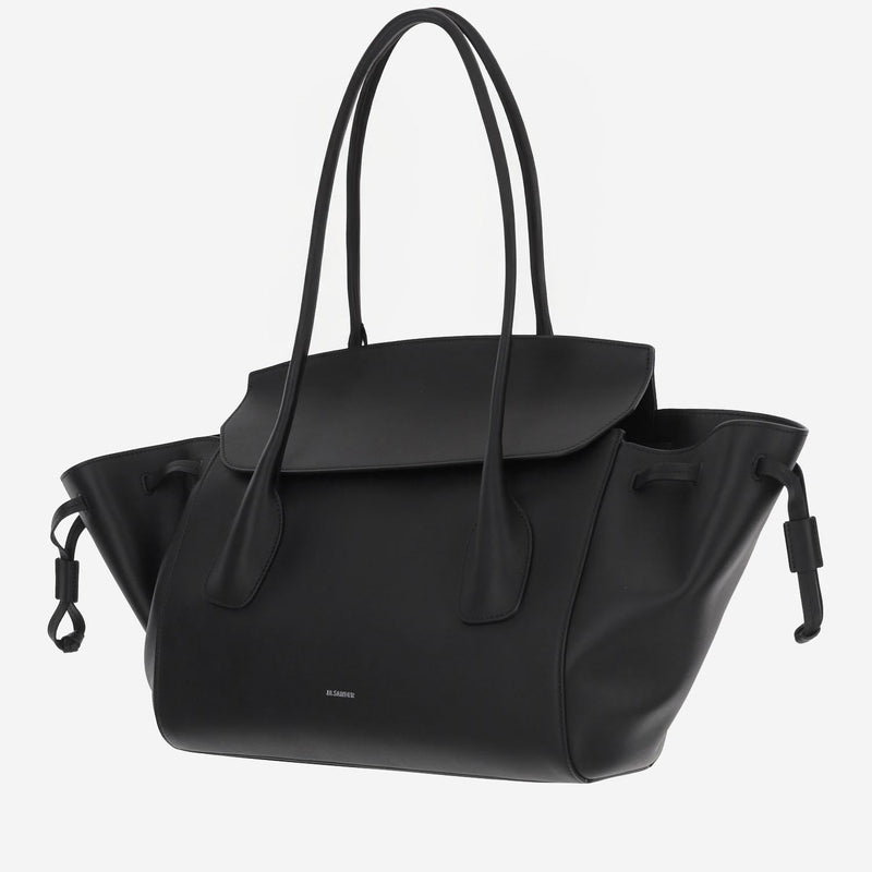 Jil Sander Leather With Drawstring Side Inserts Shoulder Bag — Black