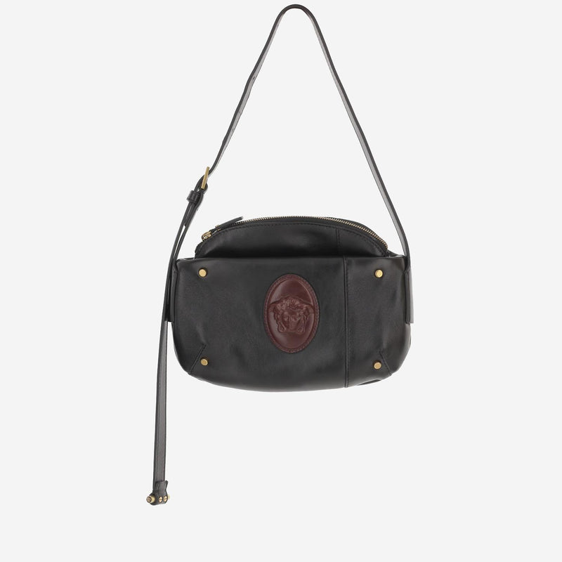 Versace Embossed Medusa Logo Shoulder Bag — Black Leather
