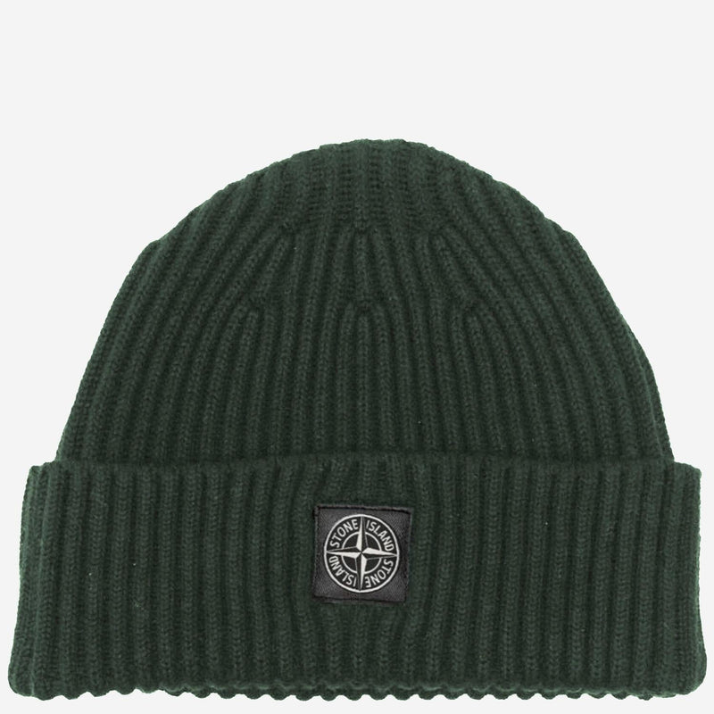 Stone Island N100007 Logo Virgin Wool Beanie — Green Beanies