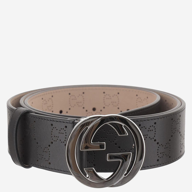 Gucci Perforated Gg Double G Buckle Belt — Black Leather