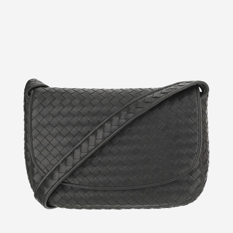 Bottega Veneta Woven Lambskin Shoulder Bag — Black Leather