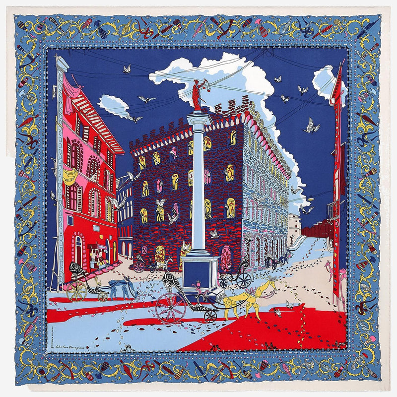 Ferragamo Printed Silk Scarf — Blue Scarfs