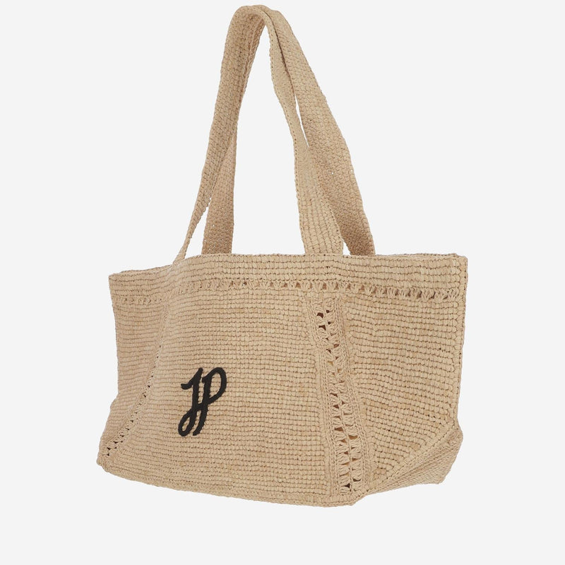 Patou Embroidered Logo Raffia Tote Bag — Beige