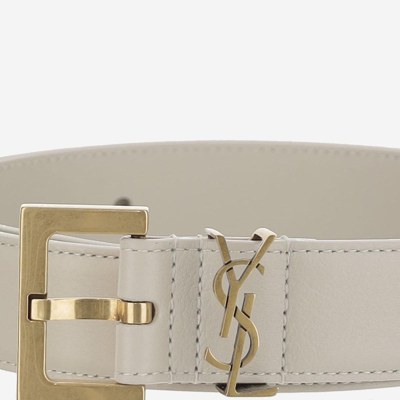 Saint Laurent Glossy Calfskin Belt — White Leather