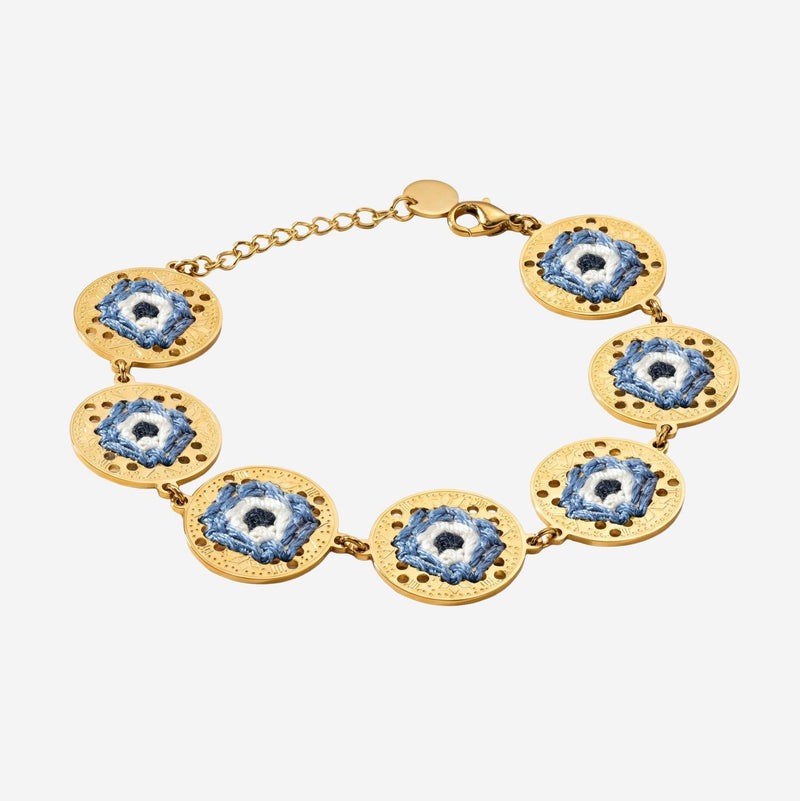 Leight Studio Hand-Embroidered Eye Medallion Bracelet — Gold Stainless Steel Bracelets