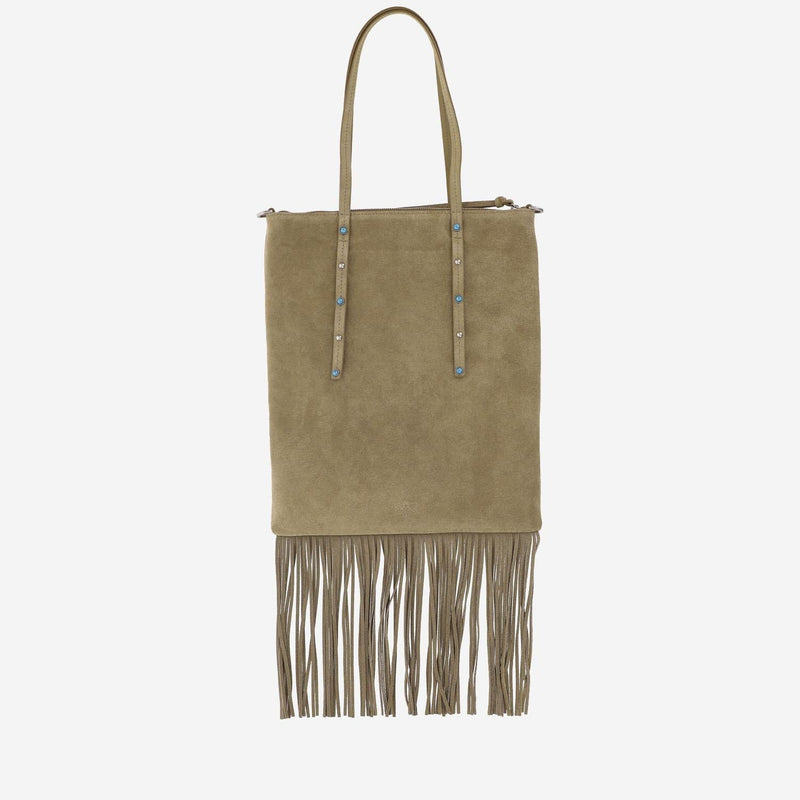 Pinko Suede With Fringe Detail Shoulder Bag — Beige Leather