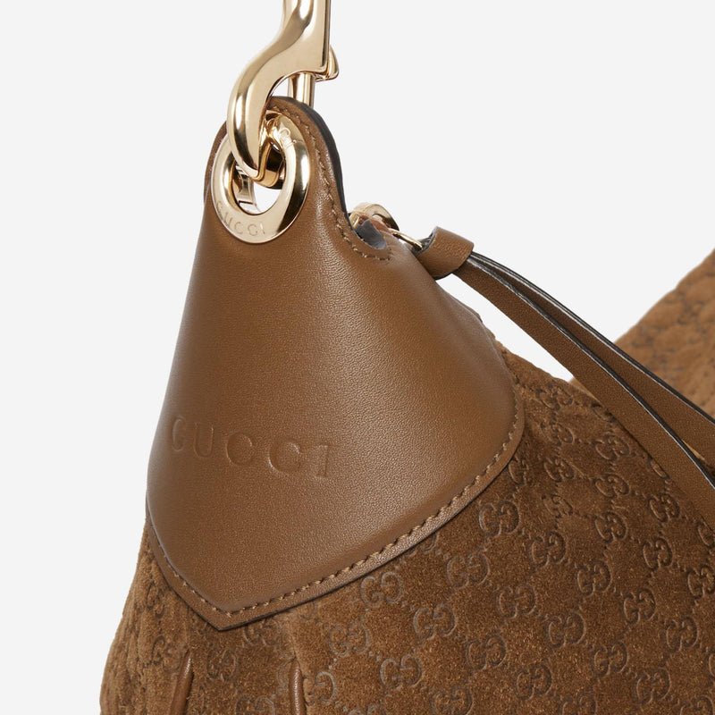 Gucci Gg Monogram Embossed Suede Shoulder Bag — Brown Leather