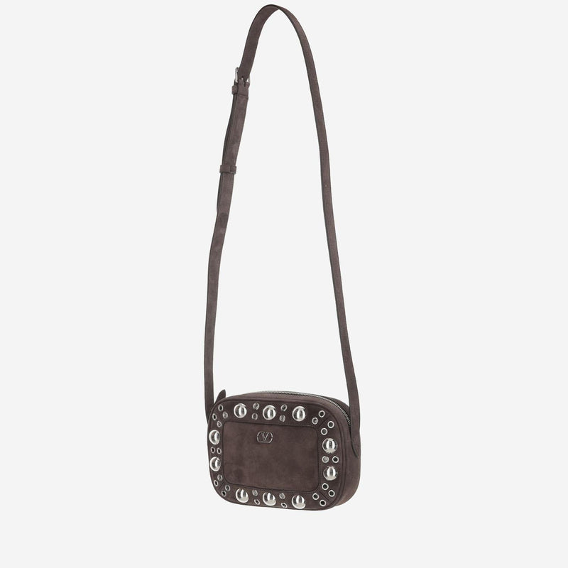 Valentino Garavani Studded Suede Shoulder Bag — Brown Leather