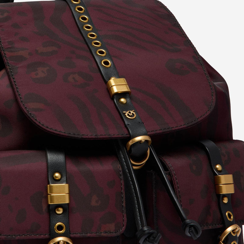 Pinko Nylon Animal-Print Backpack — Burgundy