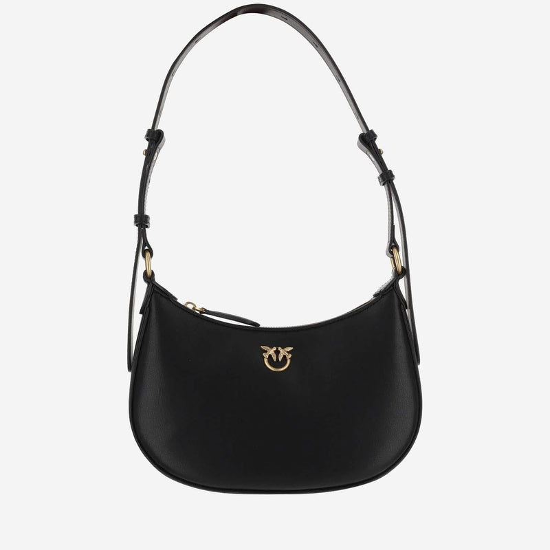Pinko Gold-Winged Logo Embellished Shoulder Bag — Black Leather