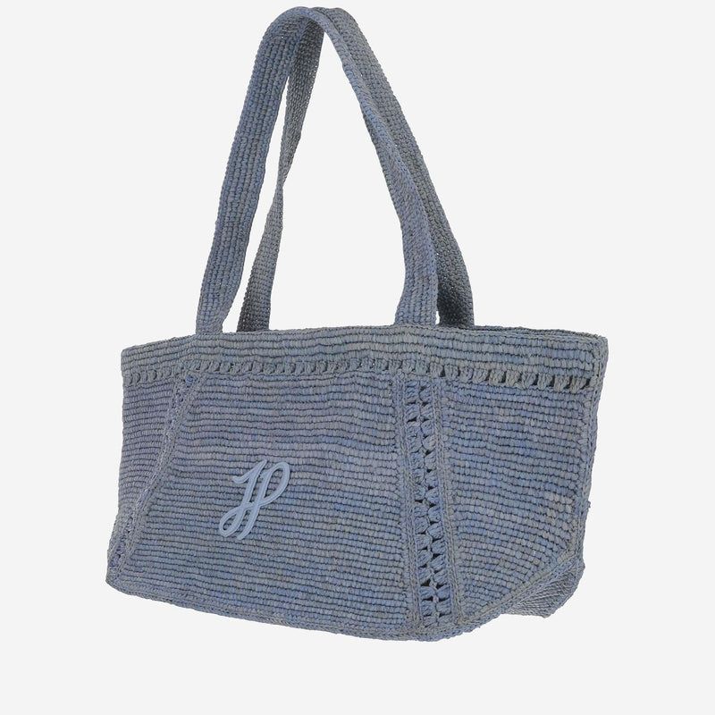 Patou Embroidered Logo Raffia Shoulder Bag — Navy
