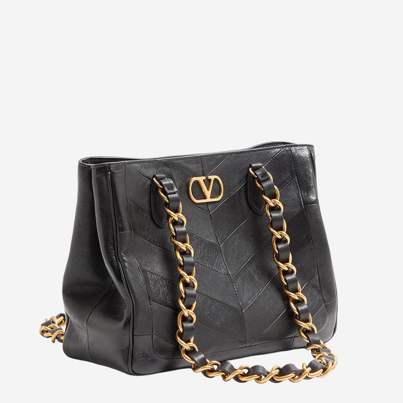 Valentino Garavani Chevron Patchwork Leather Shoulder Bag — Black
