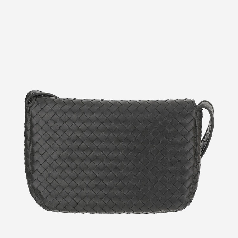 Bottega Veneta Woven Lambskin Shoulder Bag — Black Leather