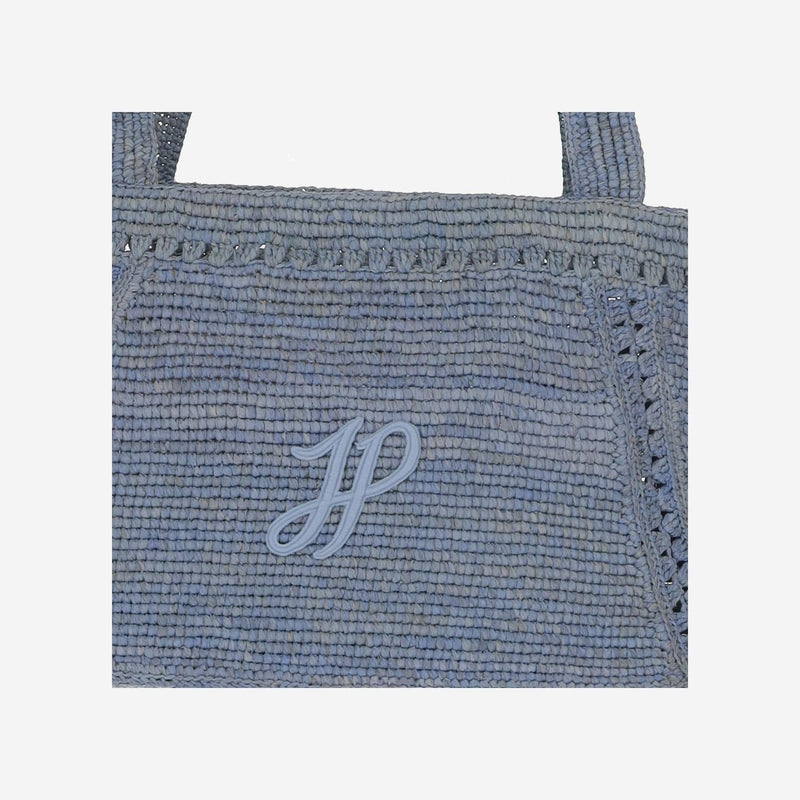 Patou Embroidered Logo Raffia Shoulder Bag — Navy