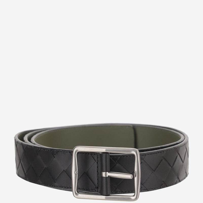 Bottega Veneta Reversible Woven Leather Belt — Black Calf