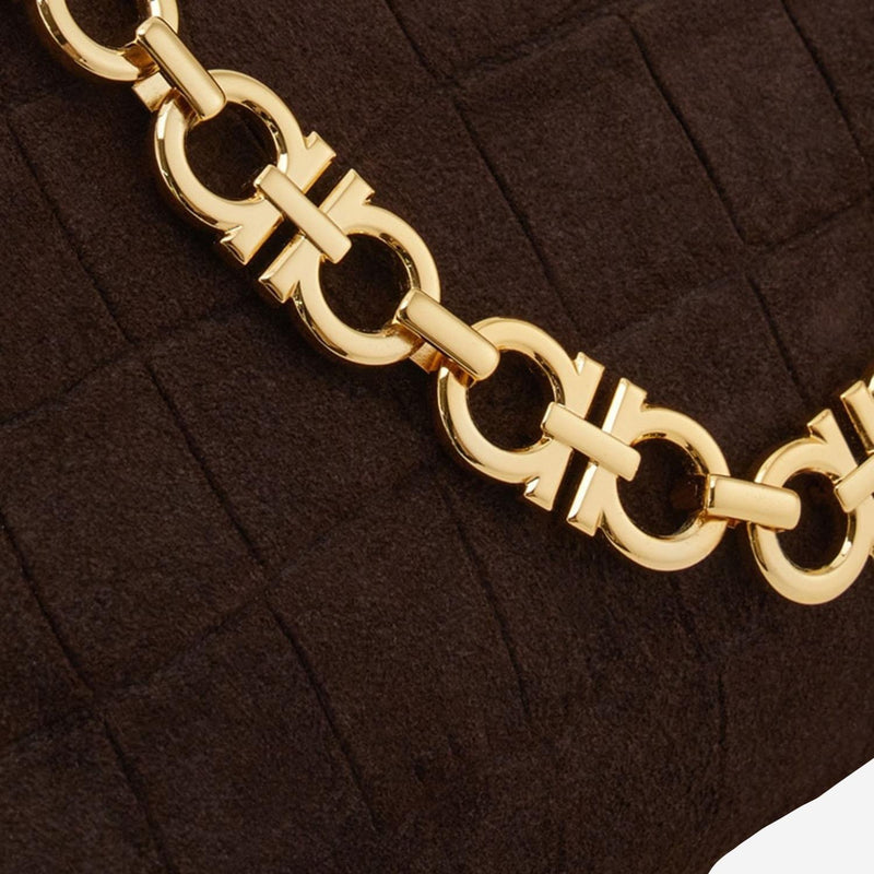 Ferragamo Crocodile-Embossed Suede Shoulder Bag — Brown Leather
