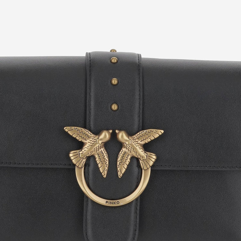 Pinko Love Birds Diamond Cut Buckle Shoulder Bag — Black Leather