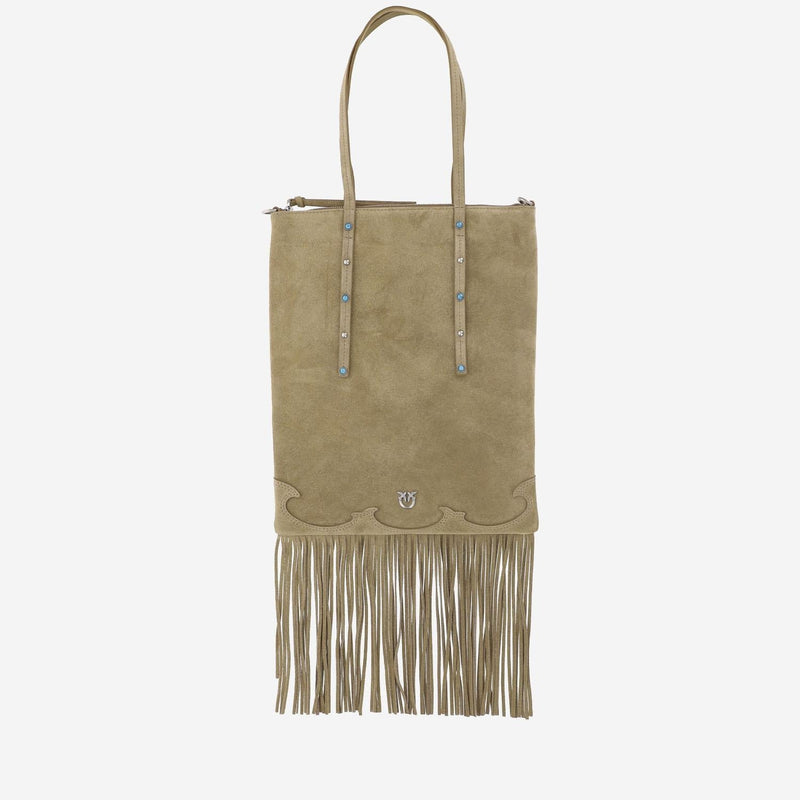 Pinko Suede With Fringe Detail Shoulder Bag — Beige Leather