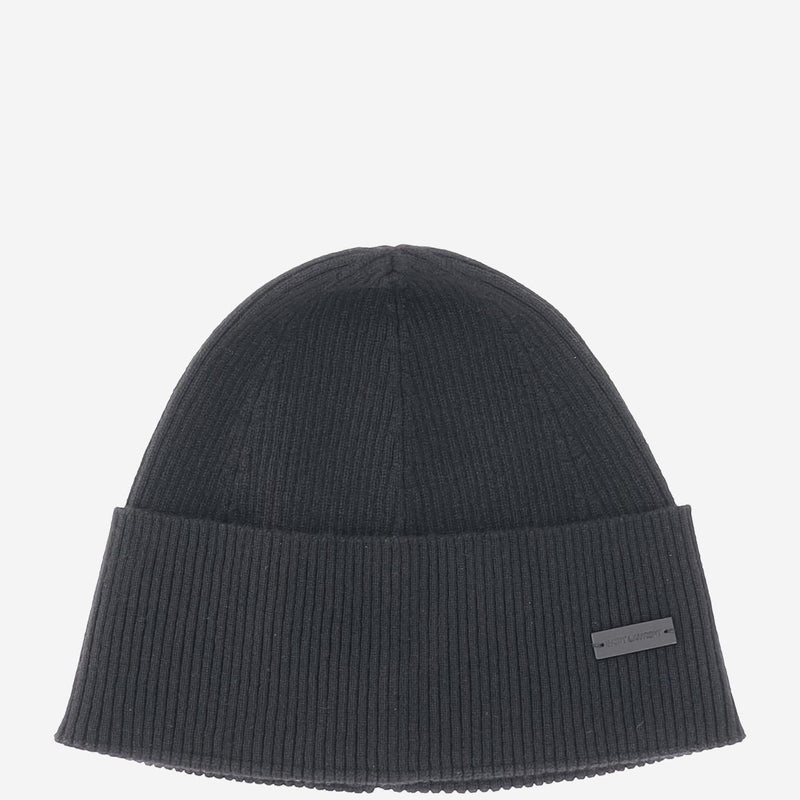 Saint Laurent 802150 Cashmere Ribbed Beanie — Black Beanies