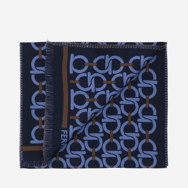 Ferragamo Hook-Pattern Wool Scarf — Navy Scarfs