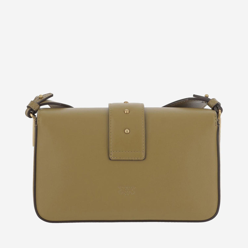 Pinko Sculptural Love Birds Buckle Shoulder Bag — Beige Leather