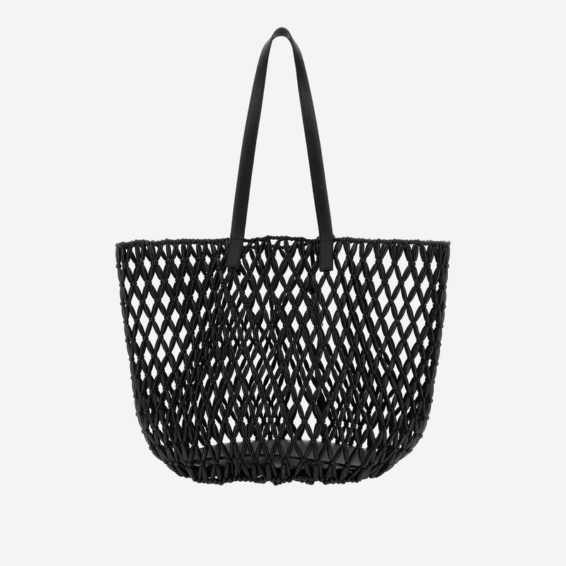 Saint Laurent Wooden Beaded Mesh Tote Bag — Black Leather And Wood