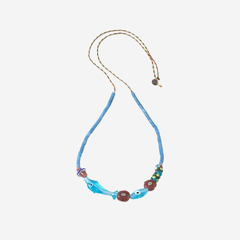 Sorbet Island Glass Bead With Dolphin Charm Necklace — Blue Glass/fabric Necklaces