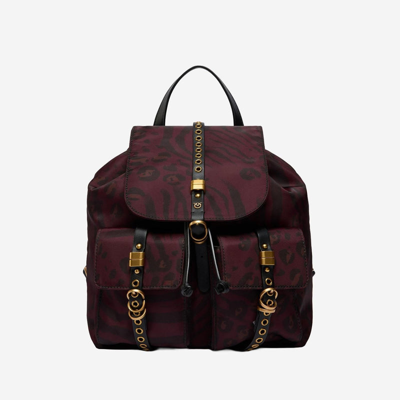 Pinko Nylon Animal-Print Backpack — Burgundy