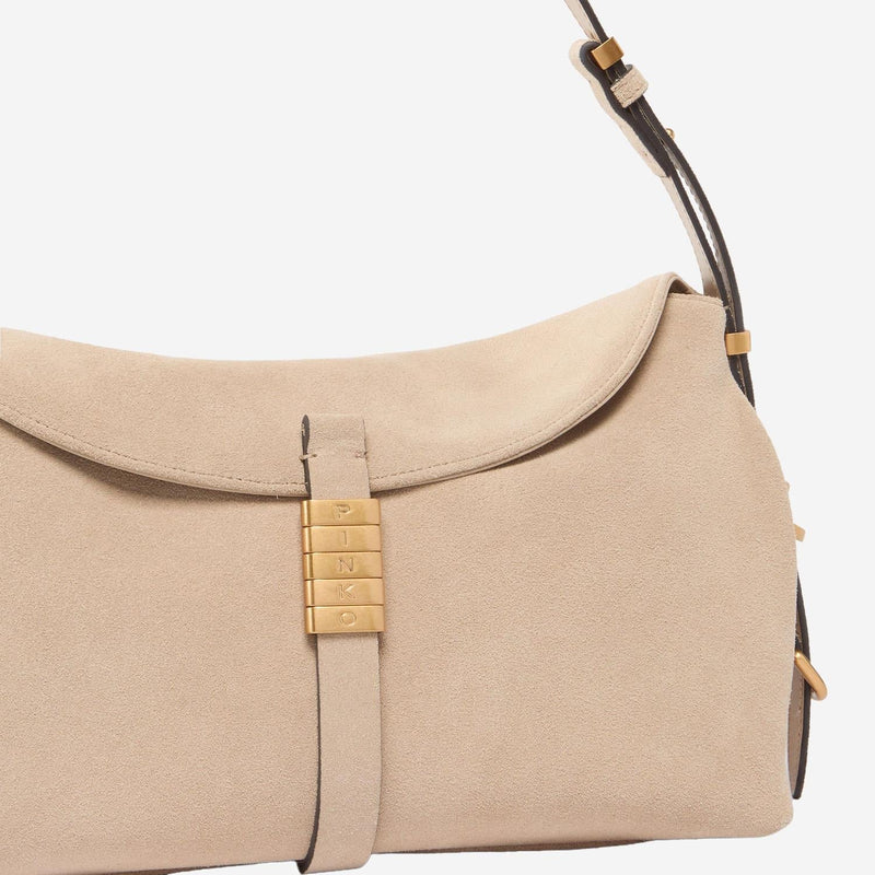 Pinko Suede Baguette Shoulder Bag — Beige Leather