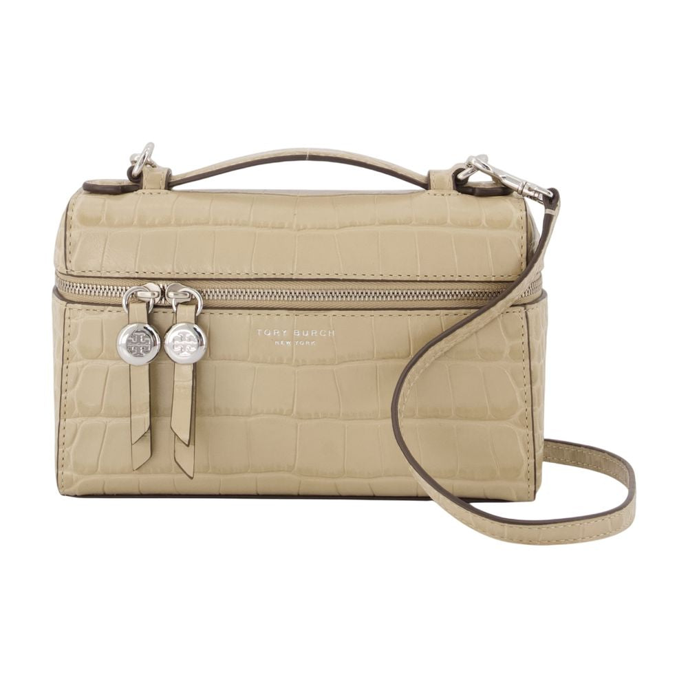Tory Burch Crocodile-Embossed Calfskin Top Handle Bag — Beige