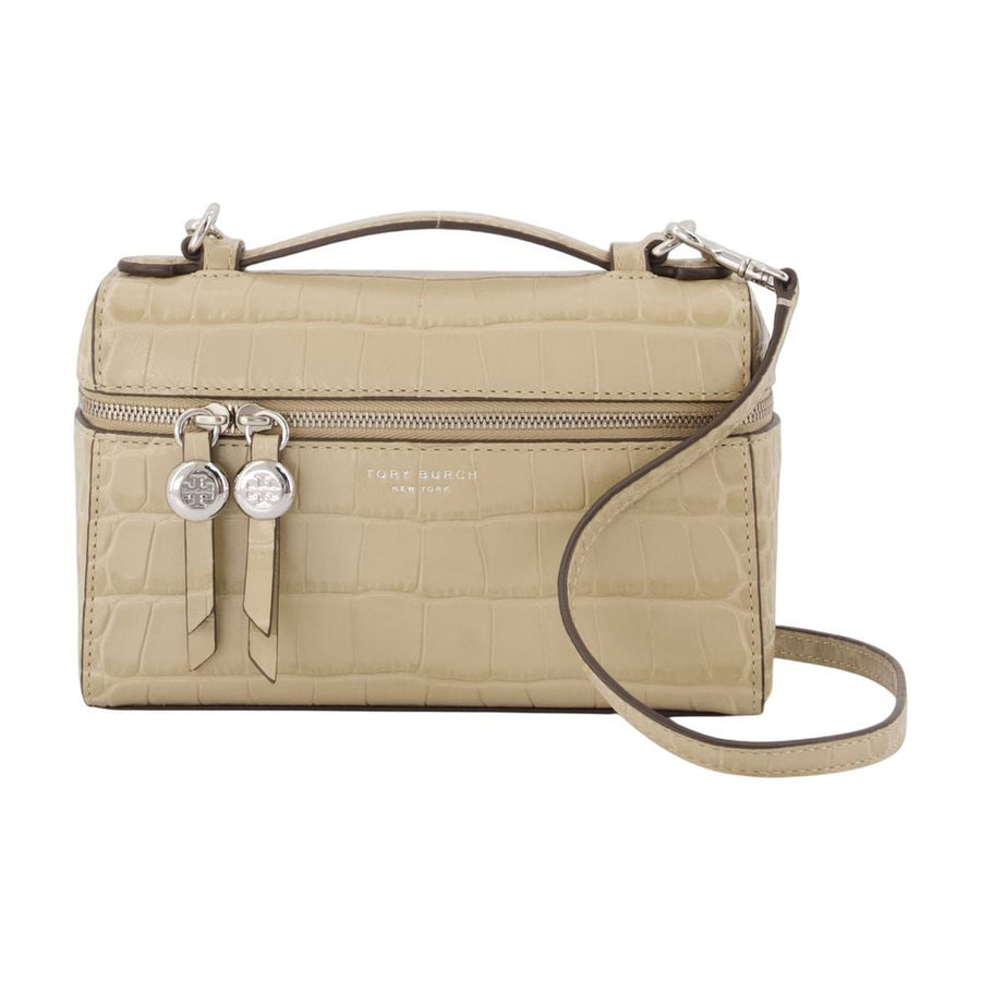 Tory Burch Crocodile-Embossed Calfskin Top Handle Bag — Beige