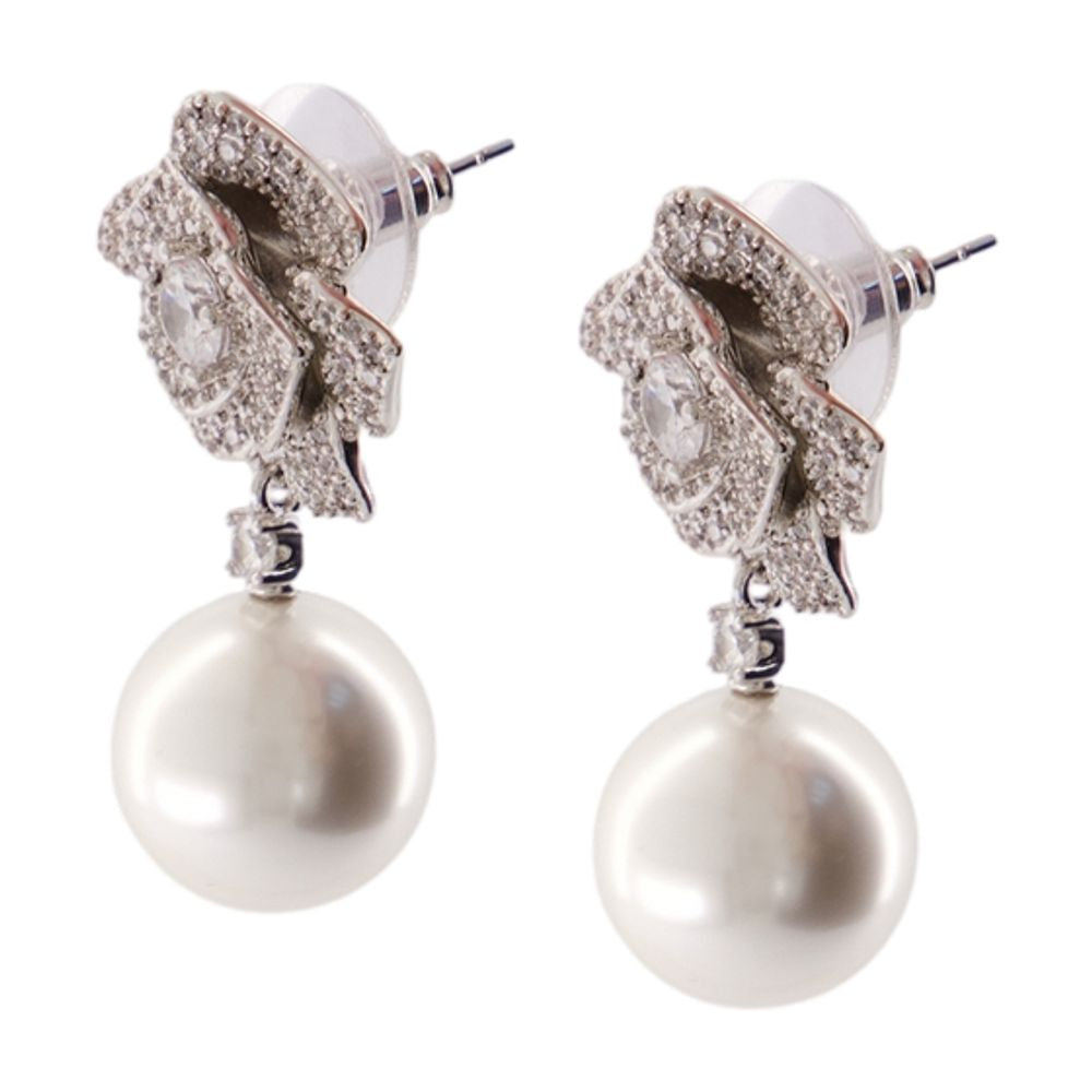 Self-Portrait Crystal Flower Pearl Earrings — Silver