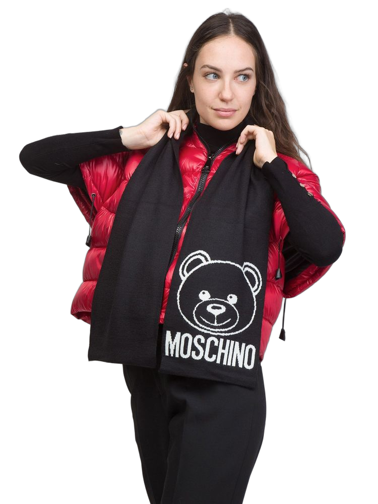 Moschino Logo-Embroidered Wool Scarf — Black Scarfs
