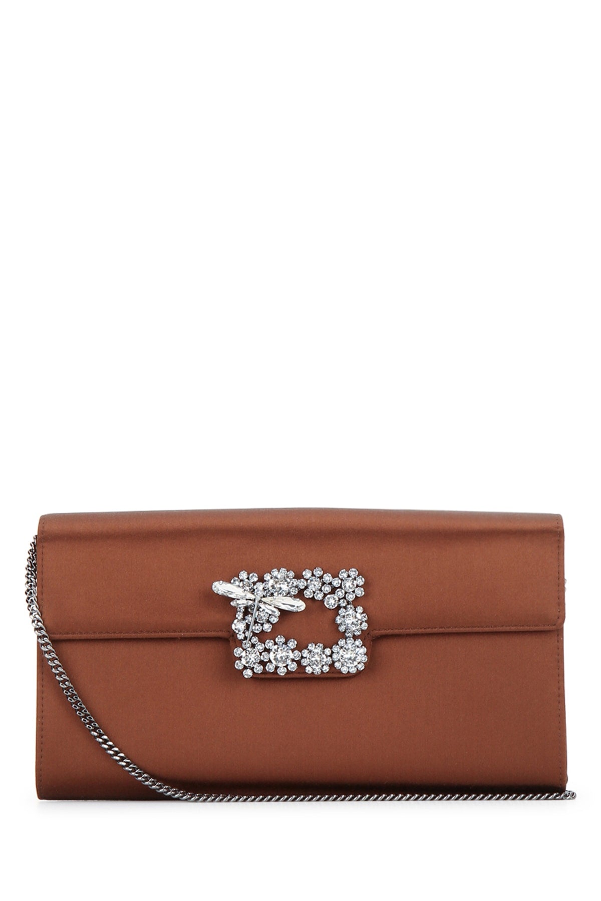 Roger Vivier Crystal-Embellished Clutch — Brown Leather
