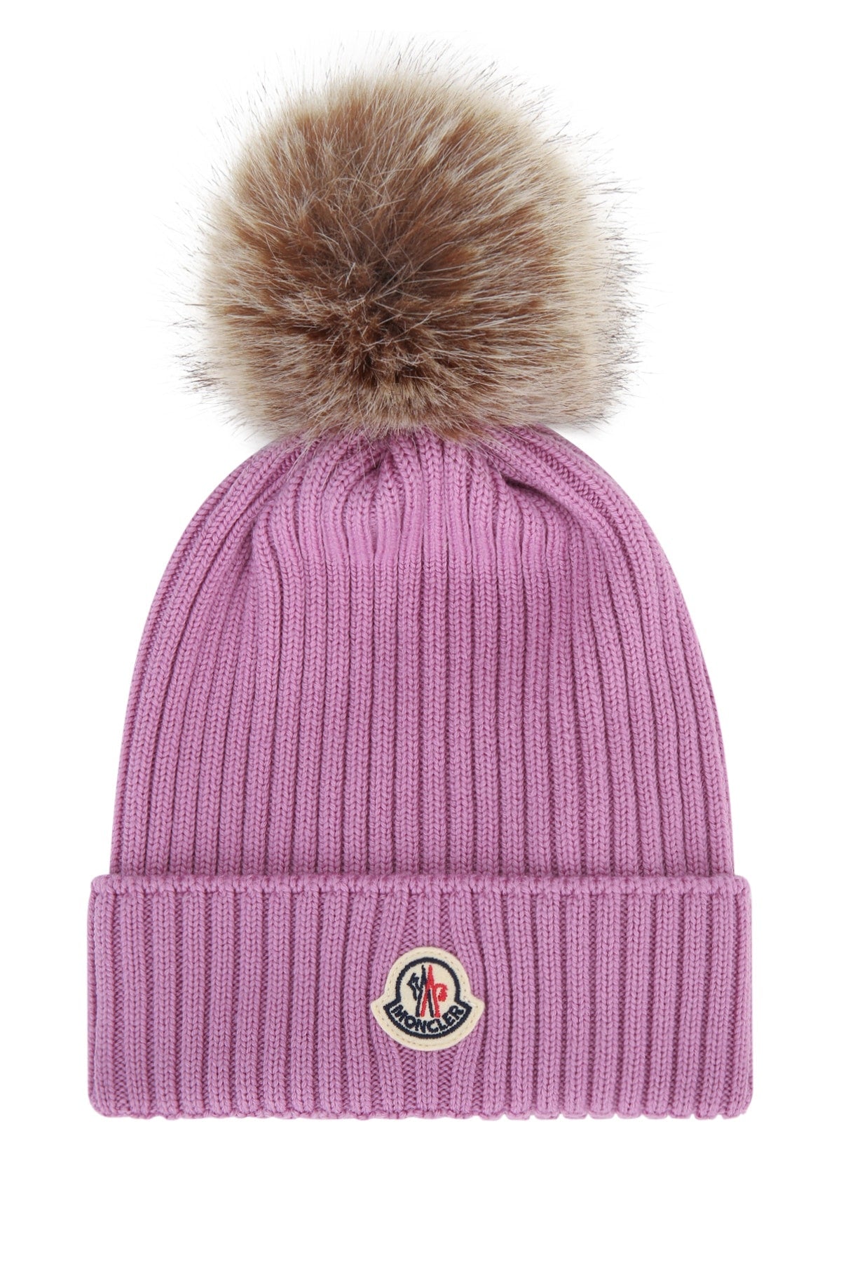 Moncler Jr Hat Ribbed Knit With Fur Pompom Winter — Purple Mixed Fibres
