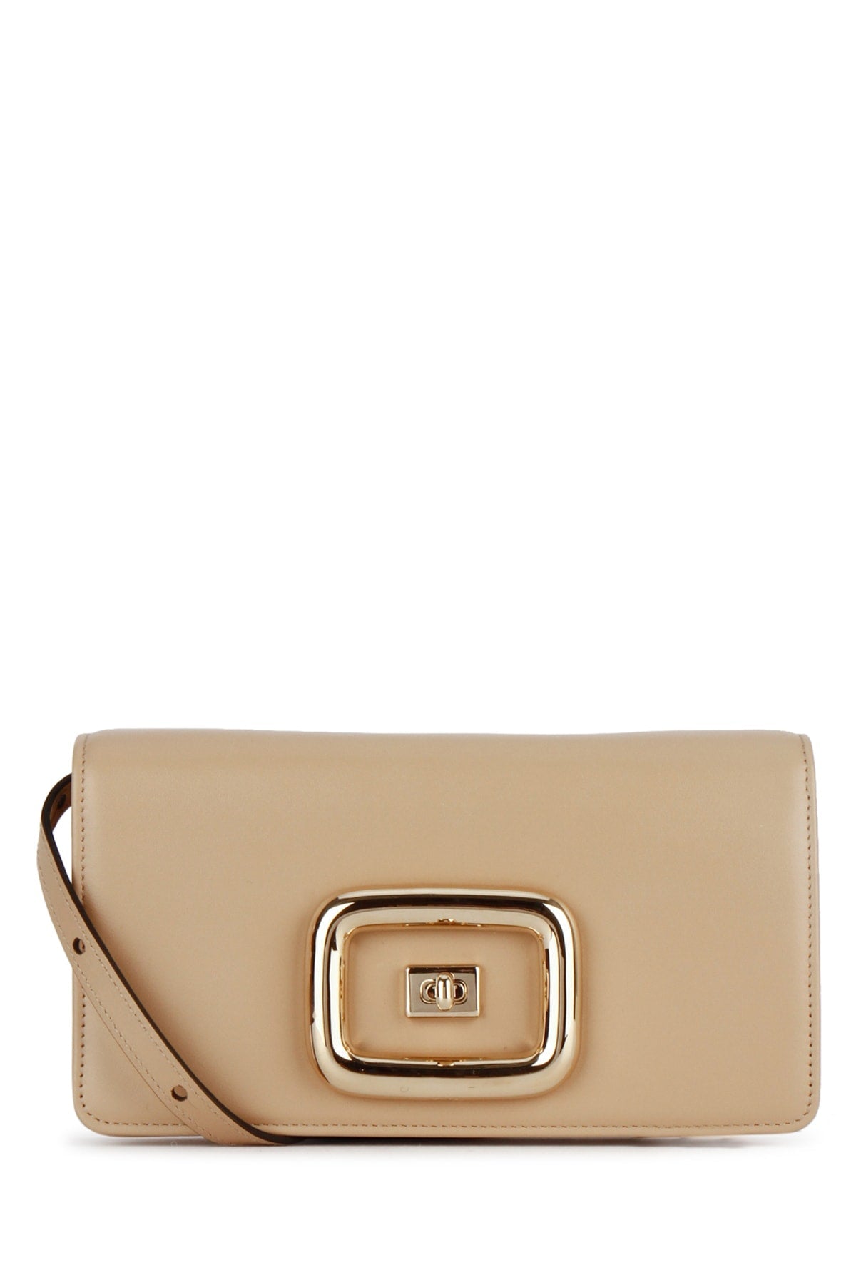 Roger Vivier Leather Turnlock Clutch — Beige