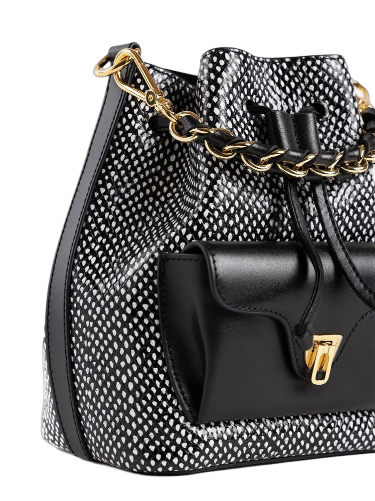 Coccinelle Elaphe-Printed Leather Shoulder Bag — Black Calf Split