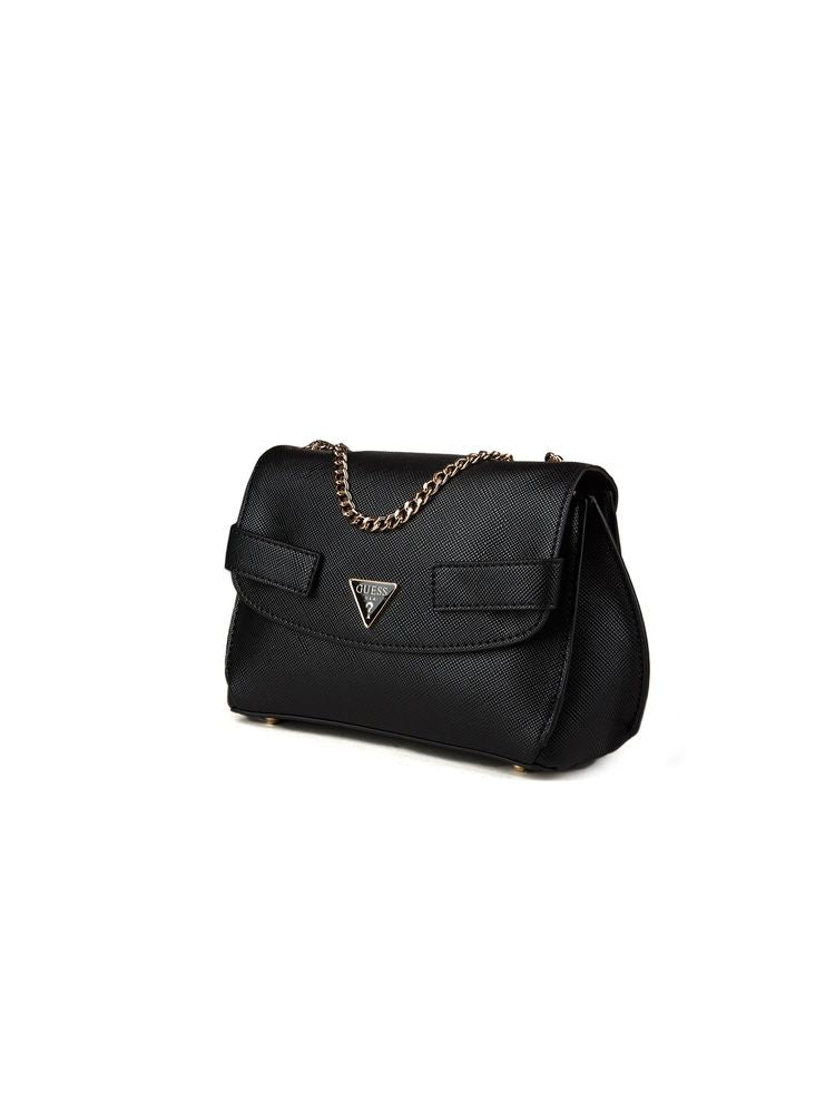 Guess Logo-Plaque Saffiano Crossbody Bag — Black Polyurethane