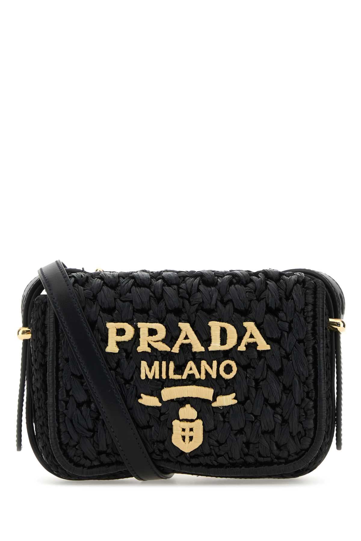 Prada Quilted Raffia Crossbody Bag — Black
