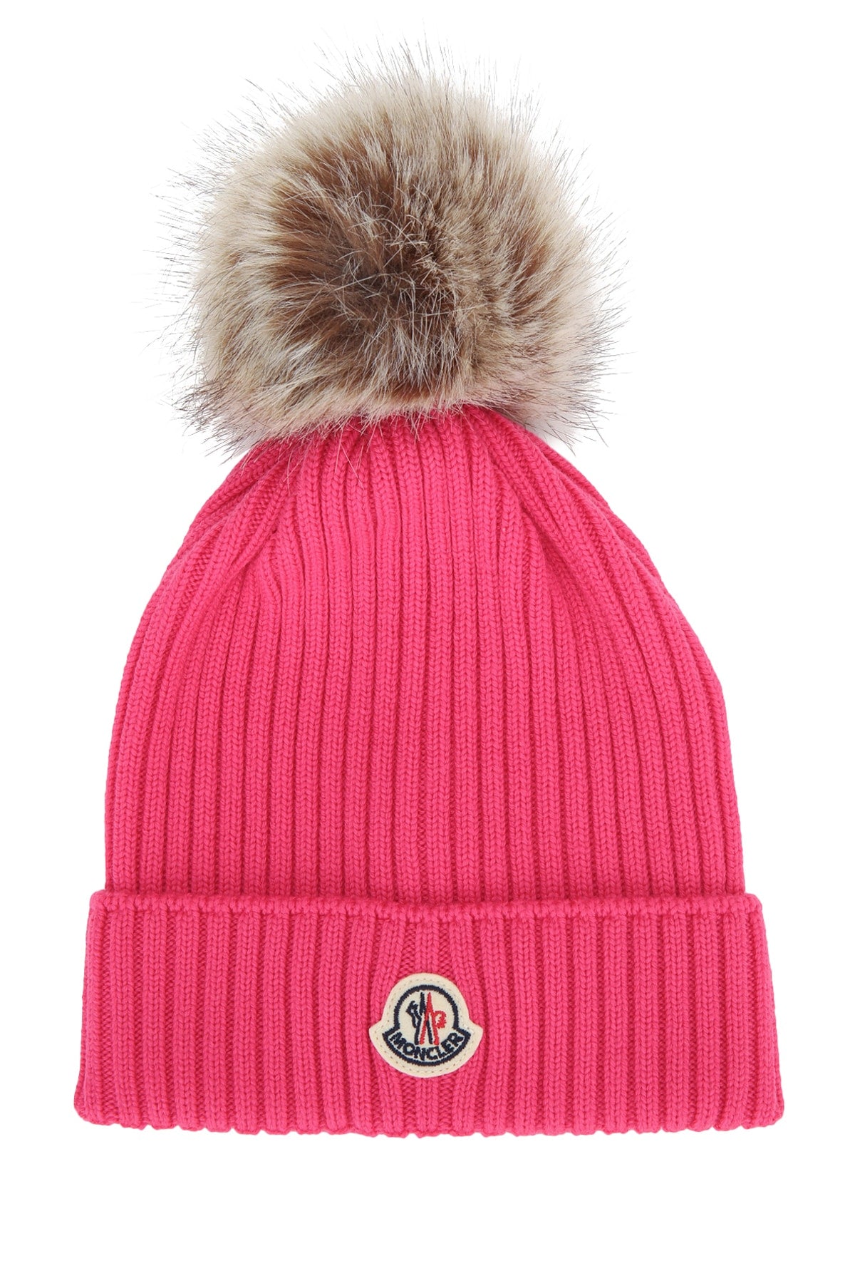 Moncler Jr Hat Fur-Pom Cotton Beanie — Pink Beanies