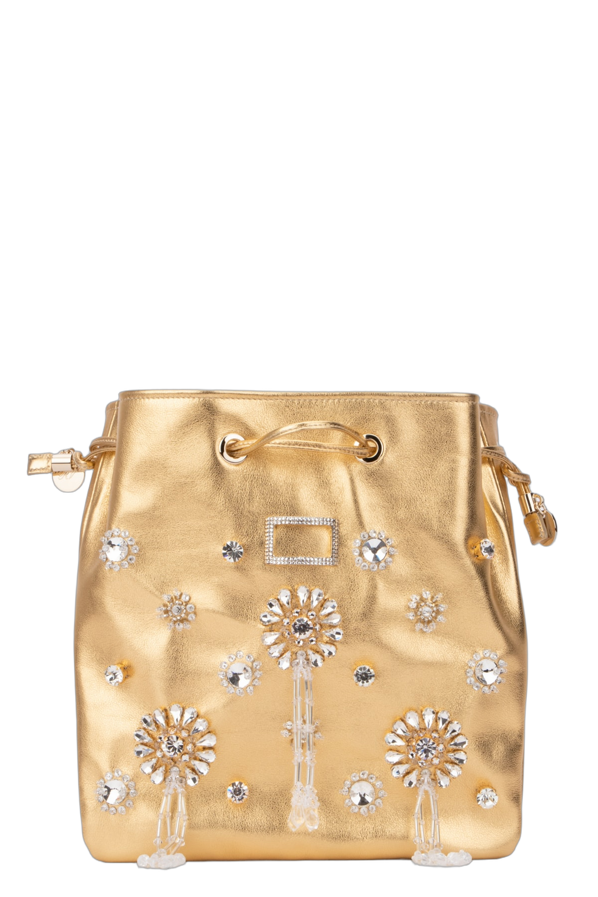 Roger Vivier Crystal-Embellished Leather Shoulder Bag — Gold Metallic