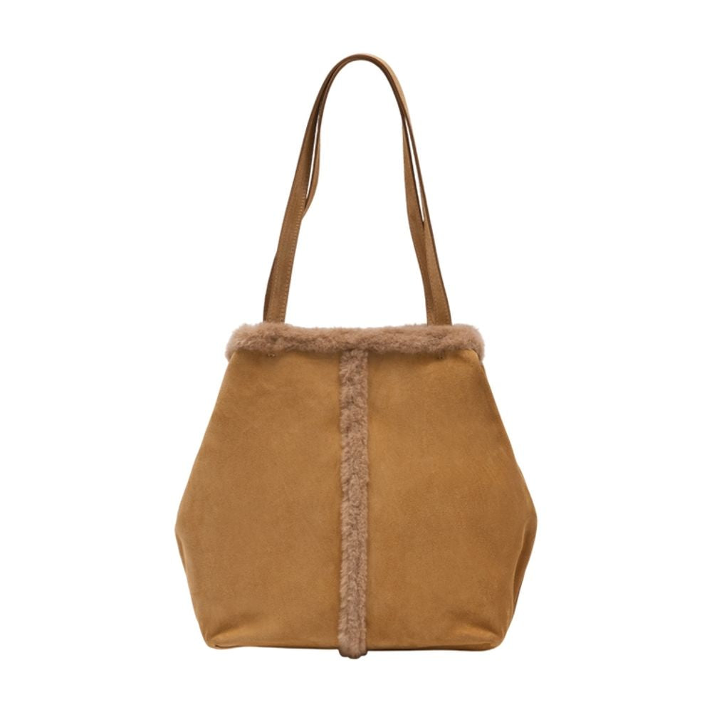 Vanessa Bruno Shearling-Trimmed Calfskin Tote Bag — Brown