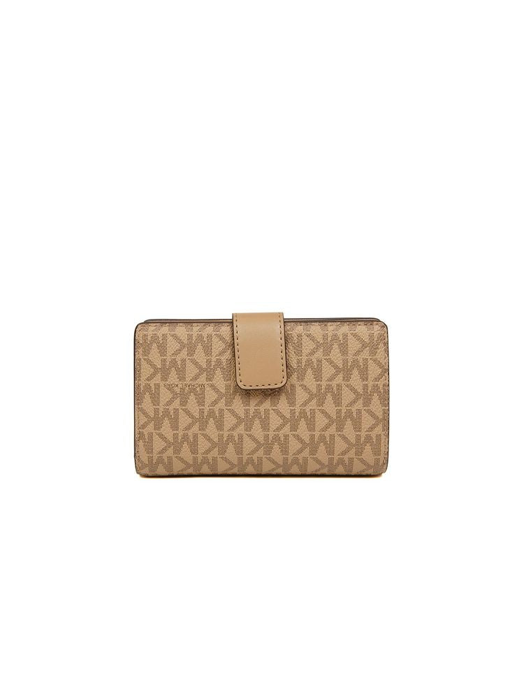 Michael Kors Logo Monogram Bi-Fold Wallet — Camel Polyvinyl Chloride