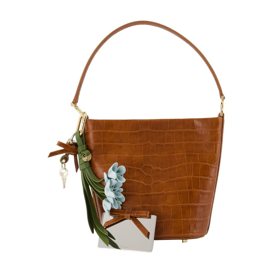 Self-Portrait Crocodile-Embossed Calfskin Bucket Bag — Brown